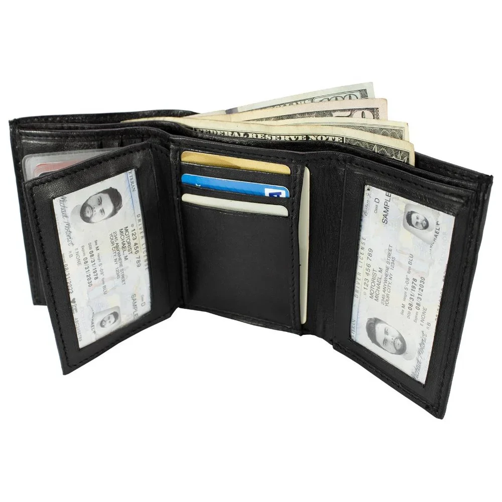 Men Wallet in Lambskin Leather Thin Trifold Black Classic Wallet